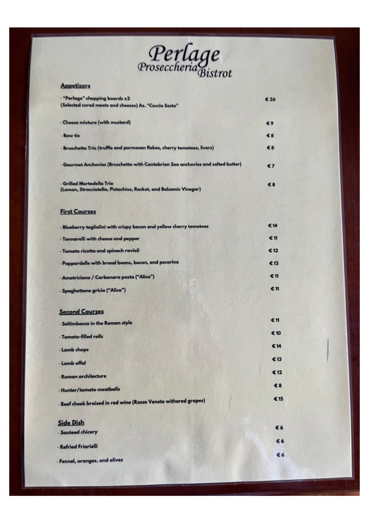 Perlage Proseccheria Bistrot menu