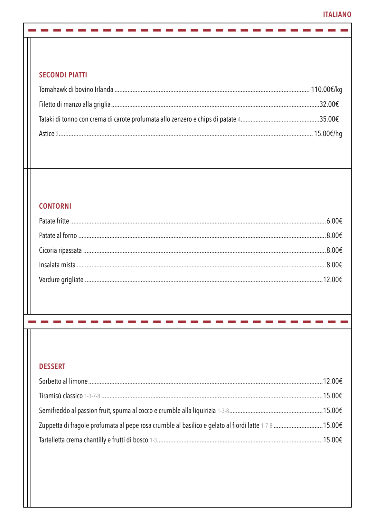 Traiano menu