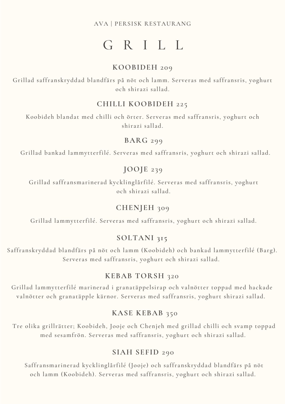 Ava | Persisk Restaurang menu