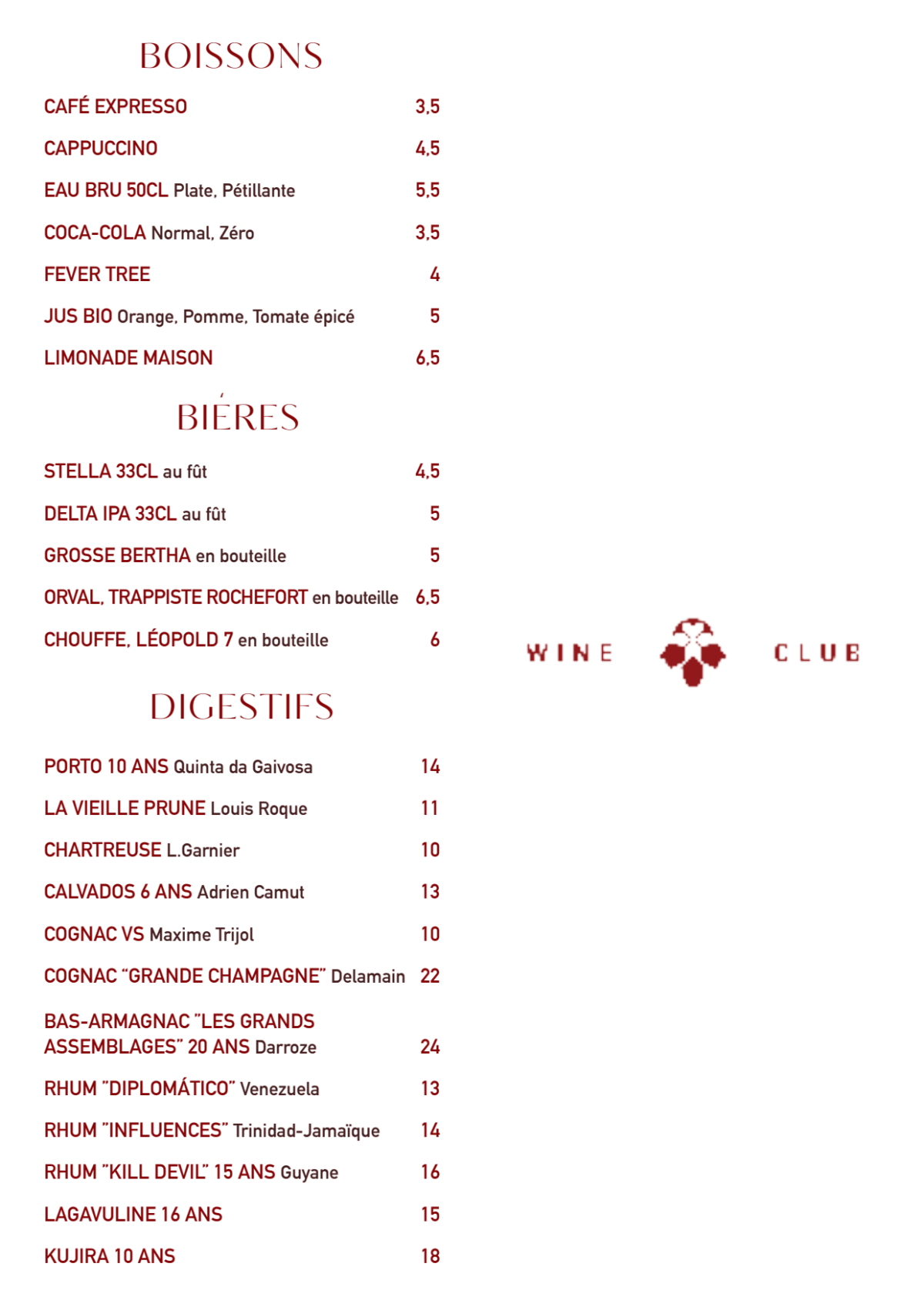 The Wine Club menu