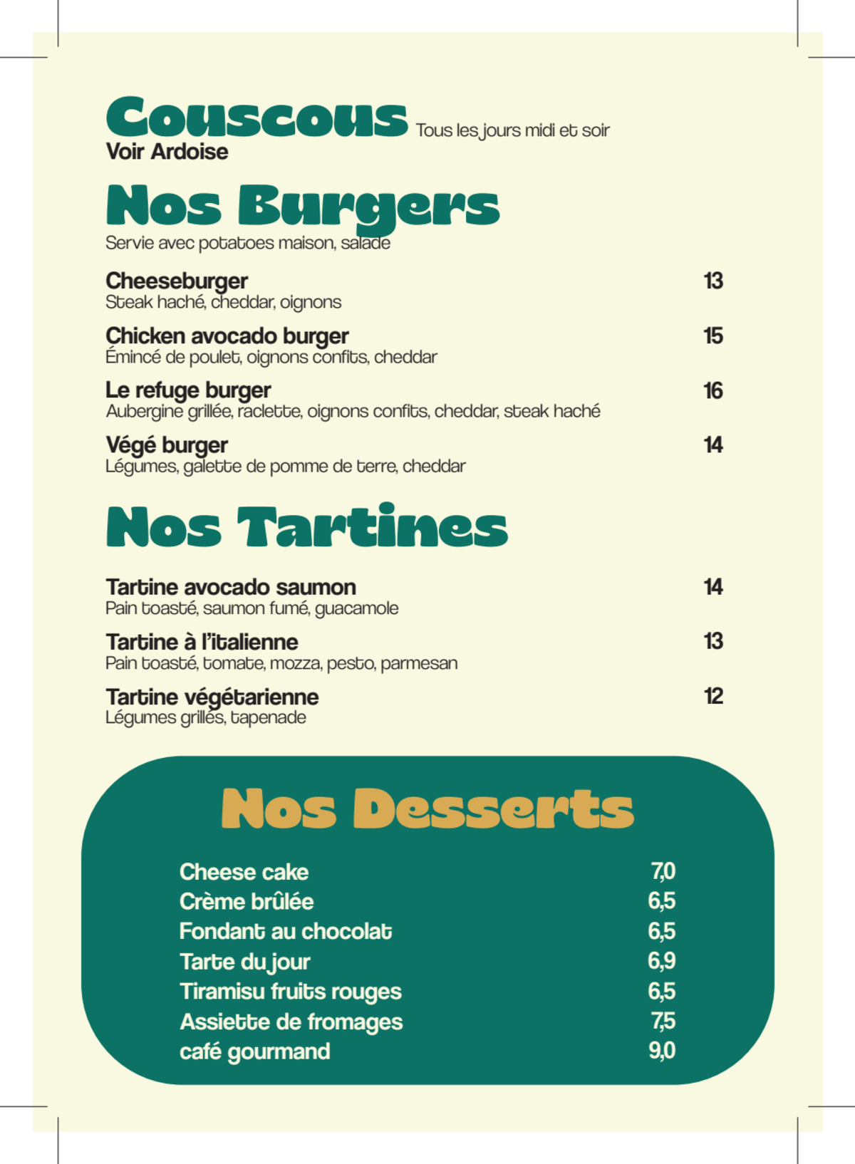 Carte et Menus 2024 Le Refuge à Paris TheFork