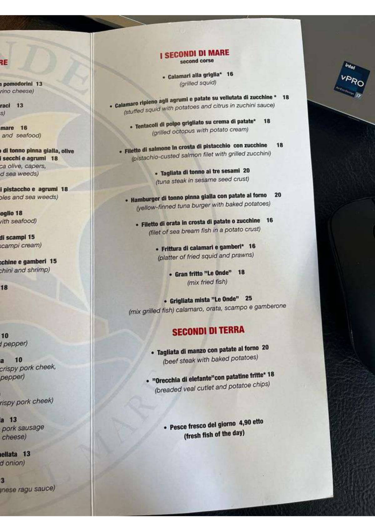 Le Onde Trattoria del Mare menu