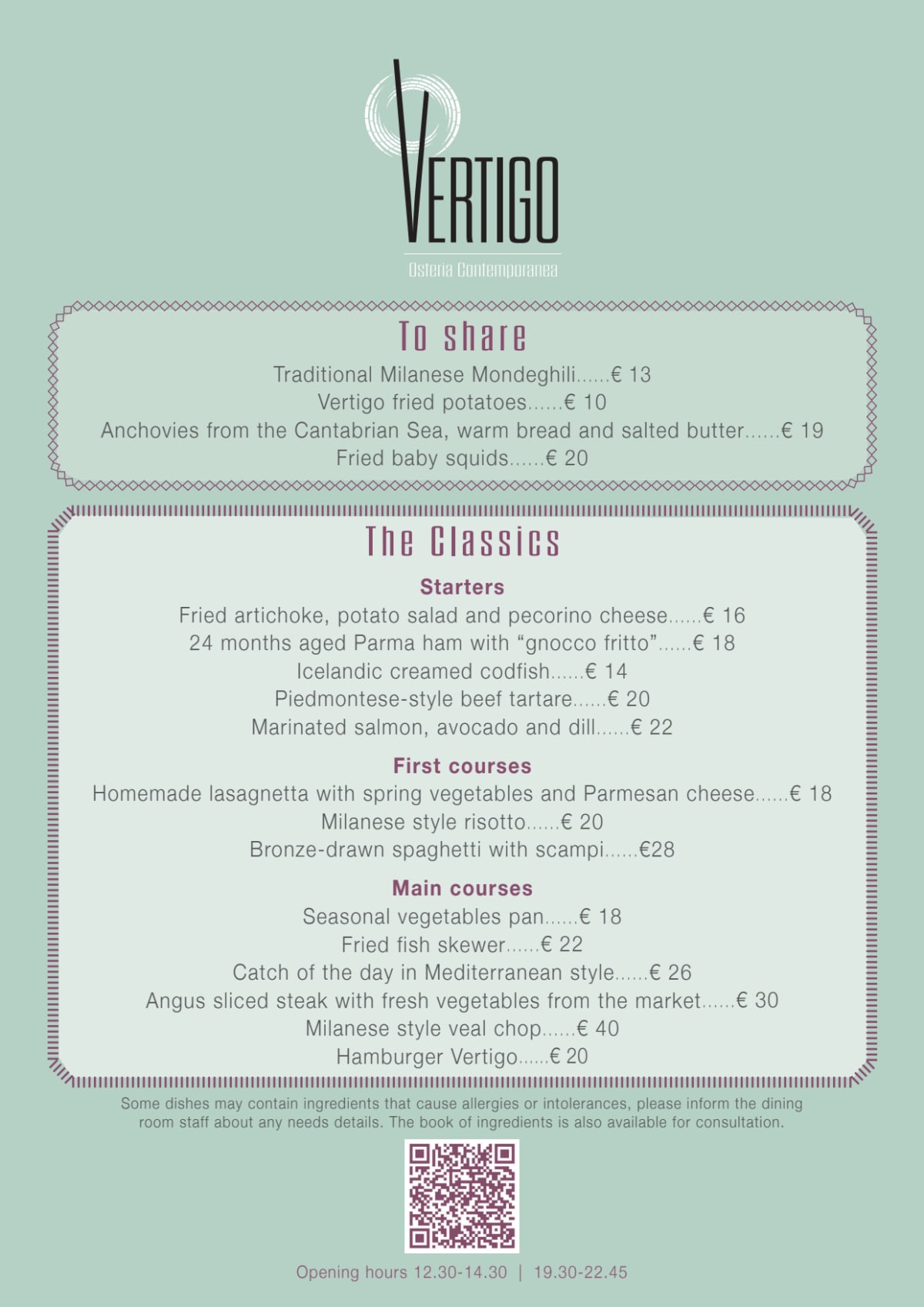 Vertigo Osteria Contemporanea menu