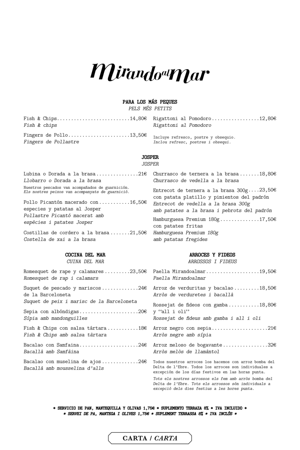 Mirandoalmar menu