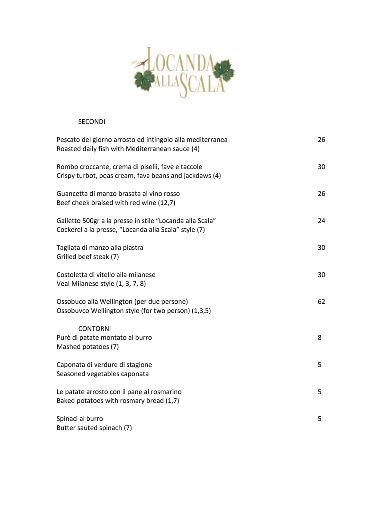 Locanda alla Scala menu