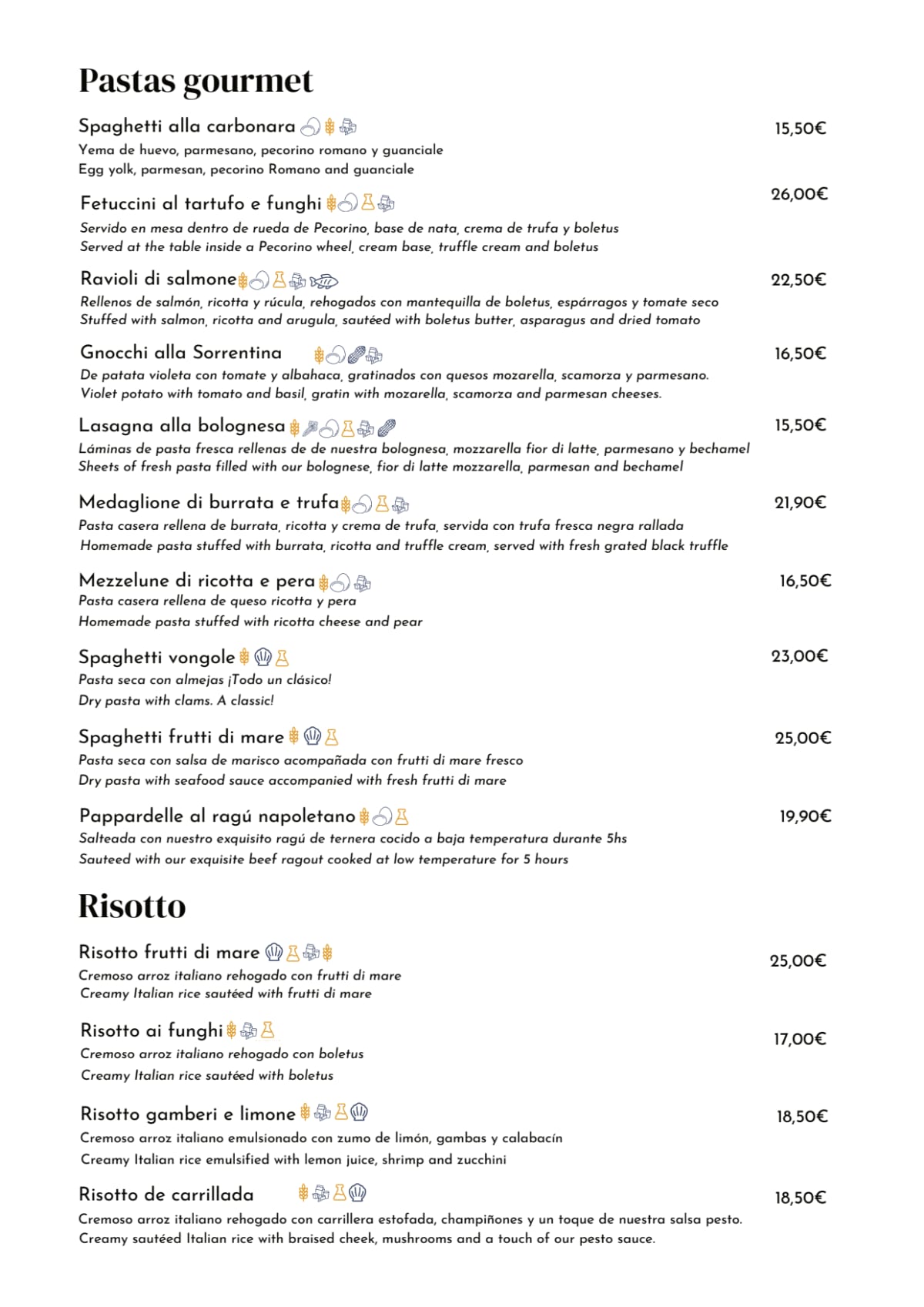 Castelnuovo Restaurante menu