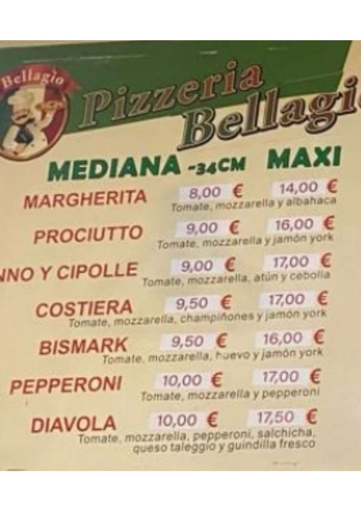 Pizzeria Bellagio menu