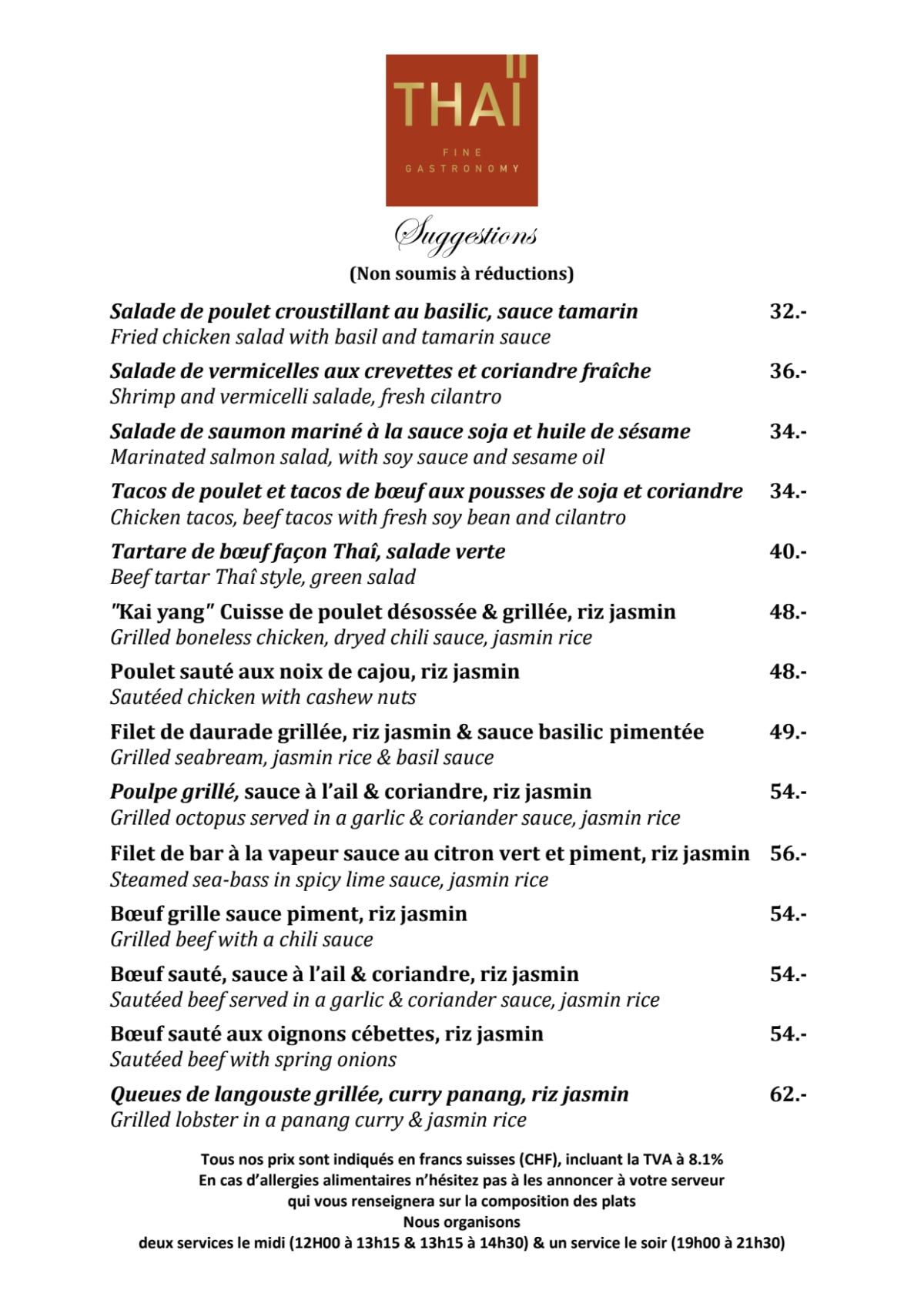 Le Thaï menu