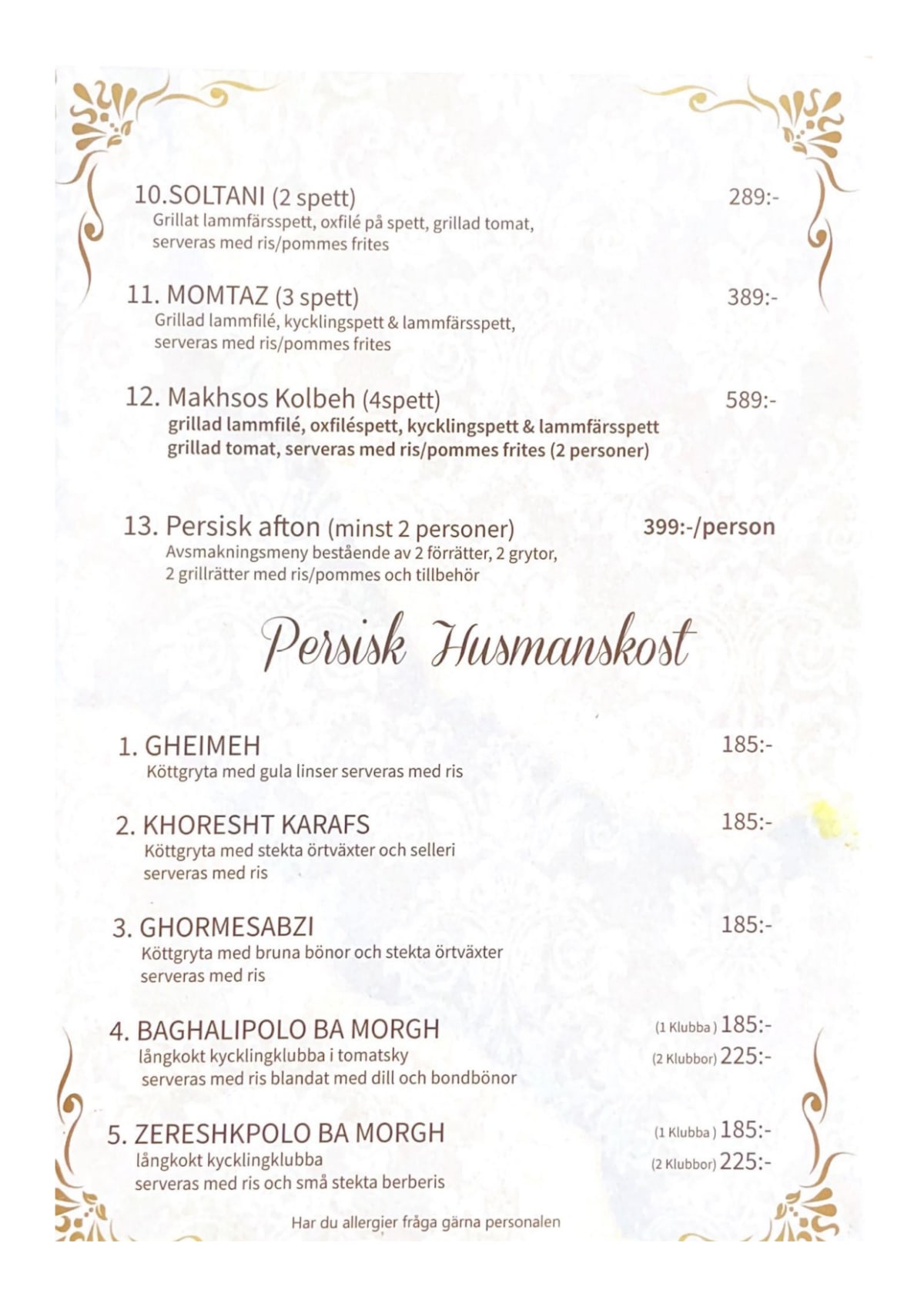 Restaurang Kolbeh menu