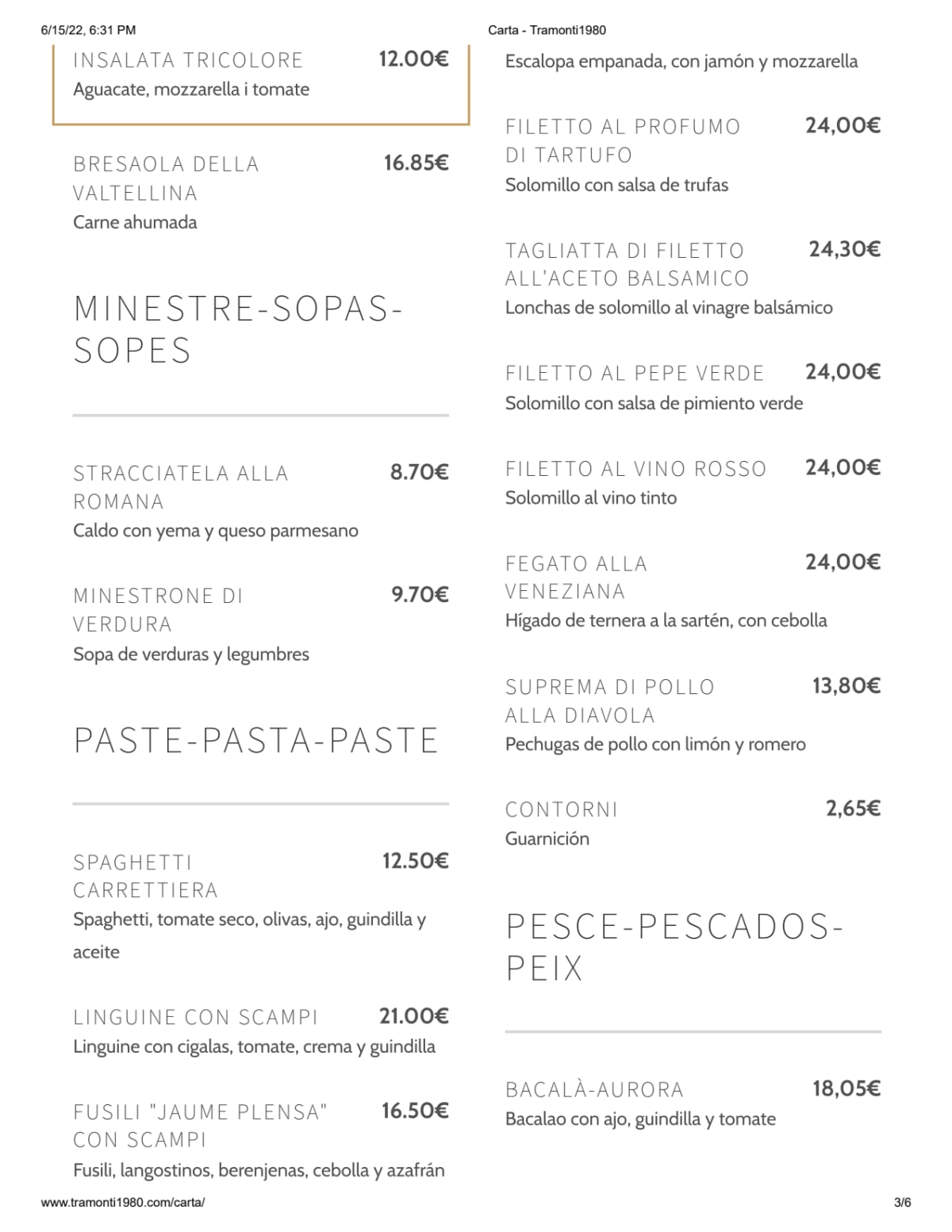 Tramonti 1980 menu