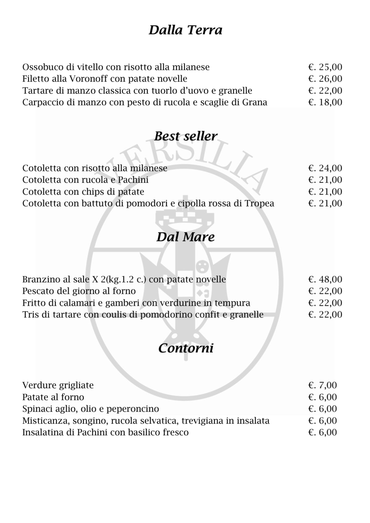 Versilia menu