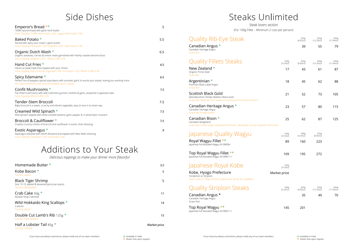 TDQ Steaks menu