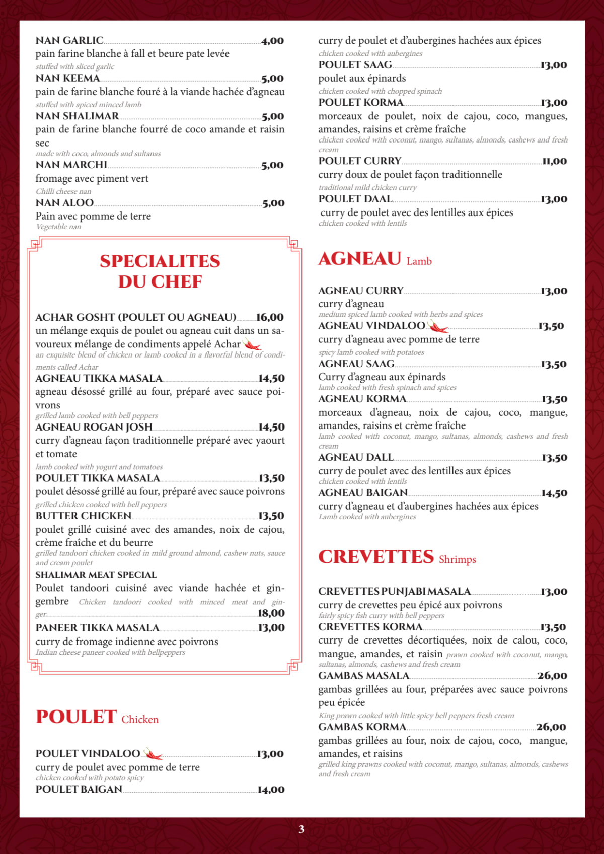 Shalimar menu