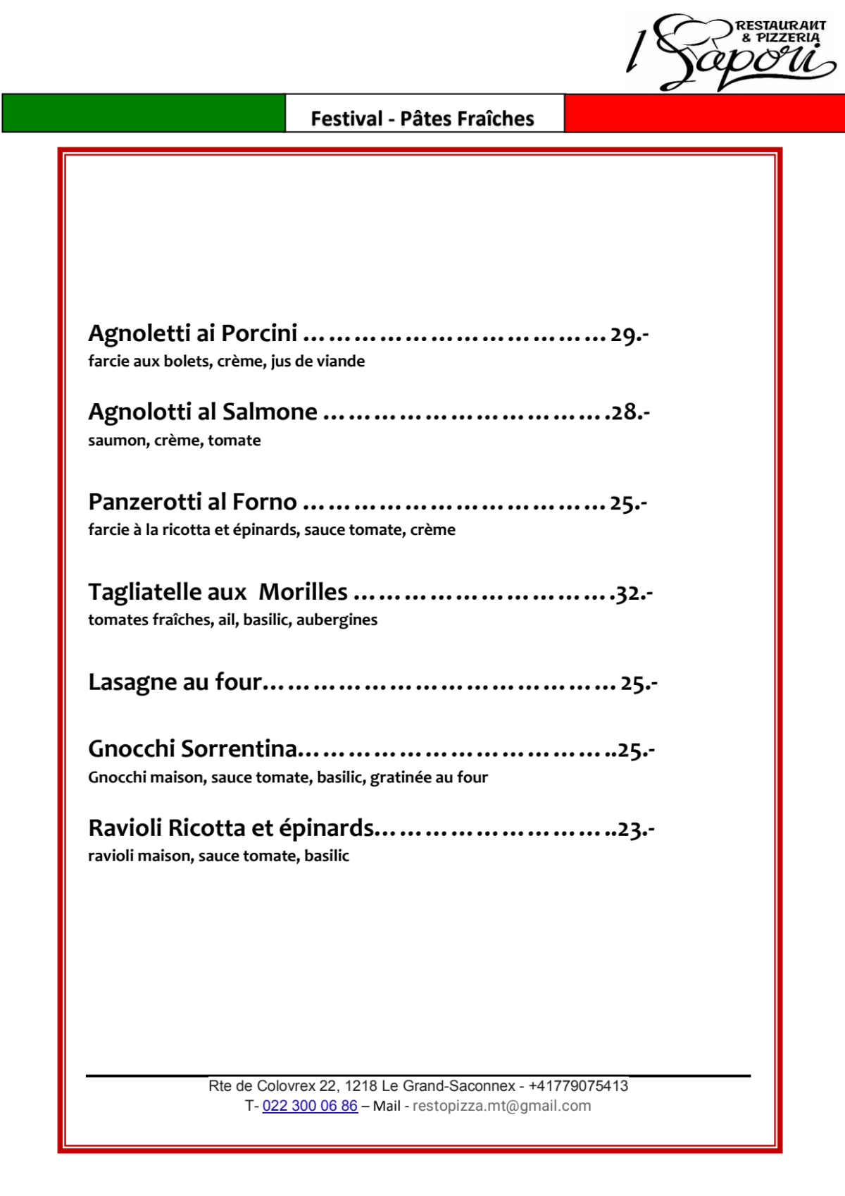 I Sapori Restaurant & Pizzeria menu