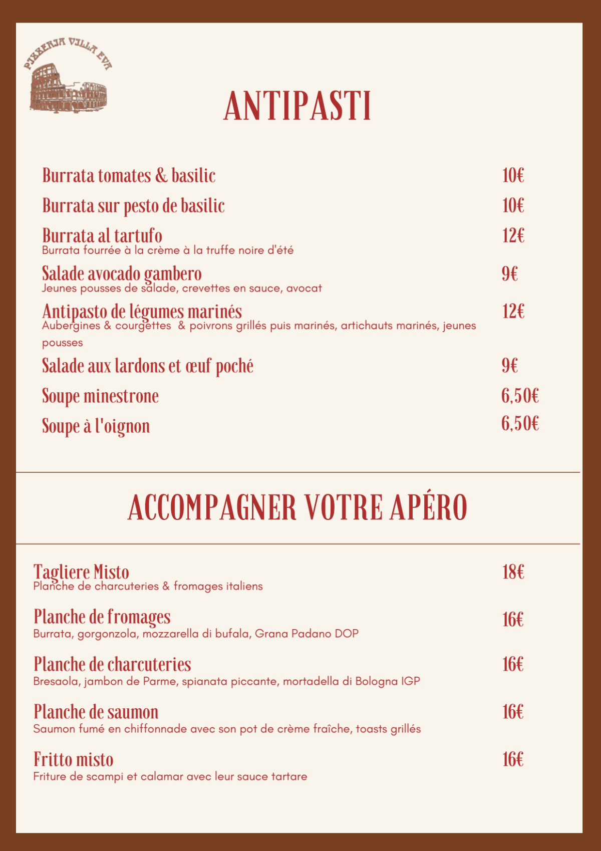 La Villa Eva menu