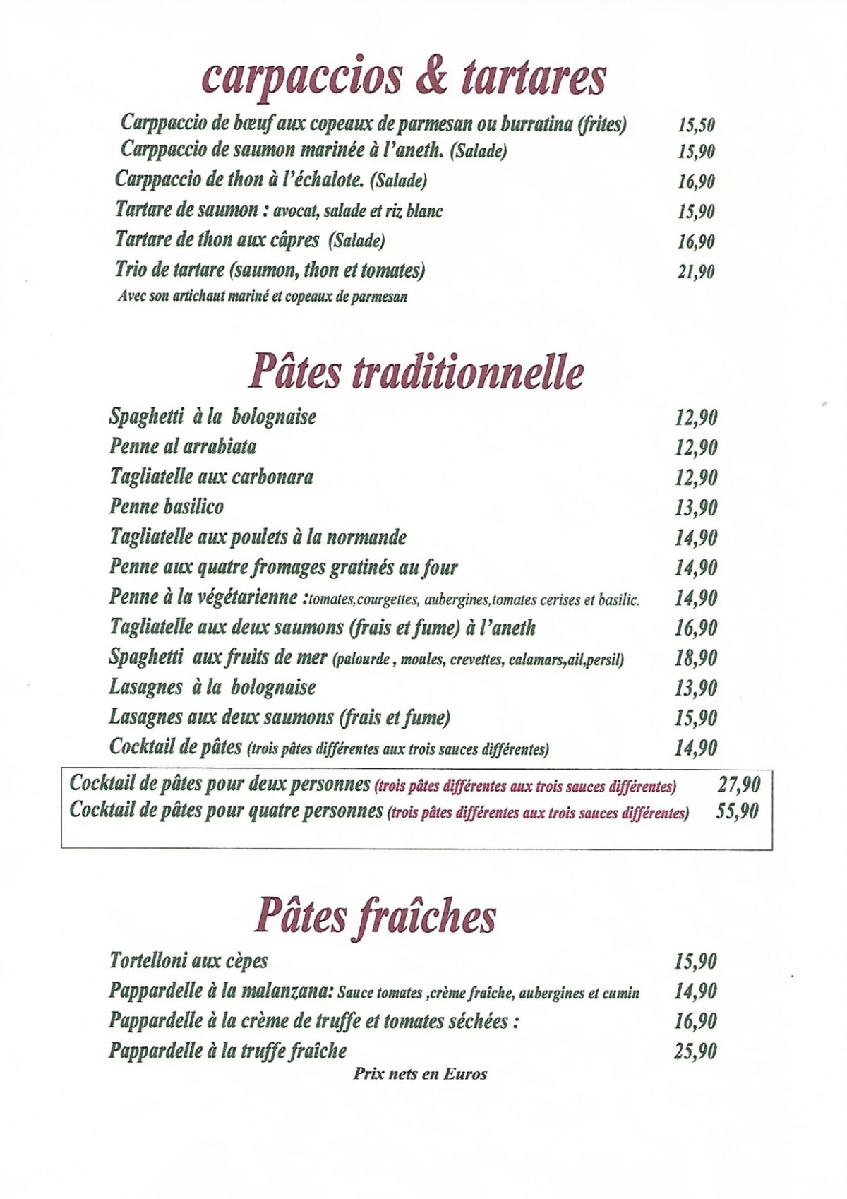 Le Filippo menu