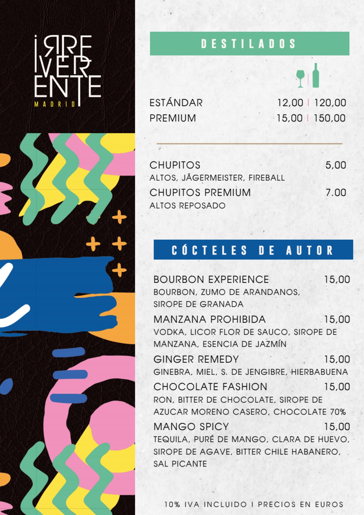 Irreverente Madrid menu