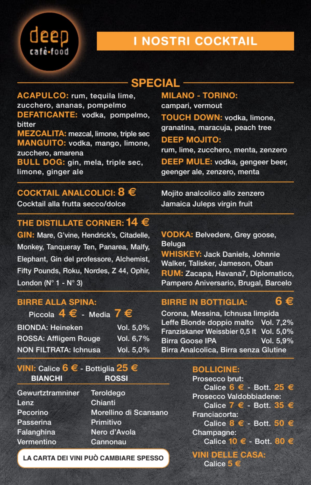 Deep Milano menu