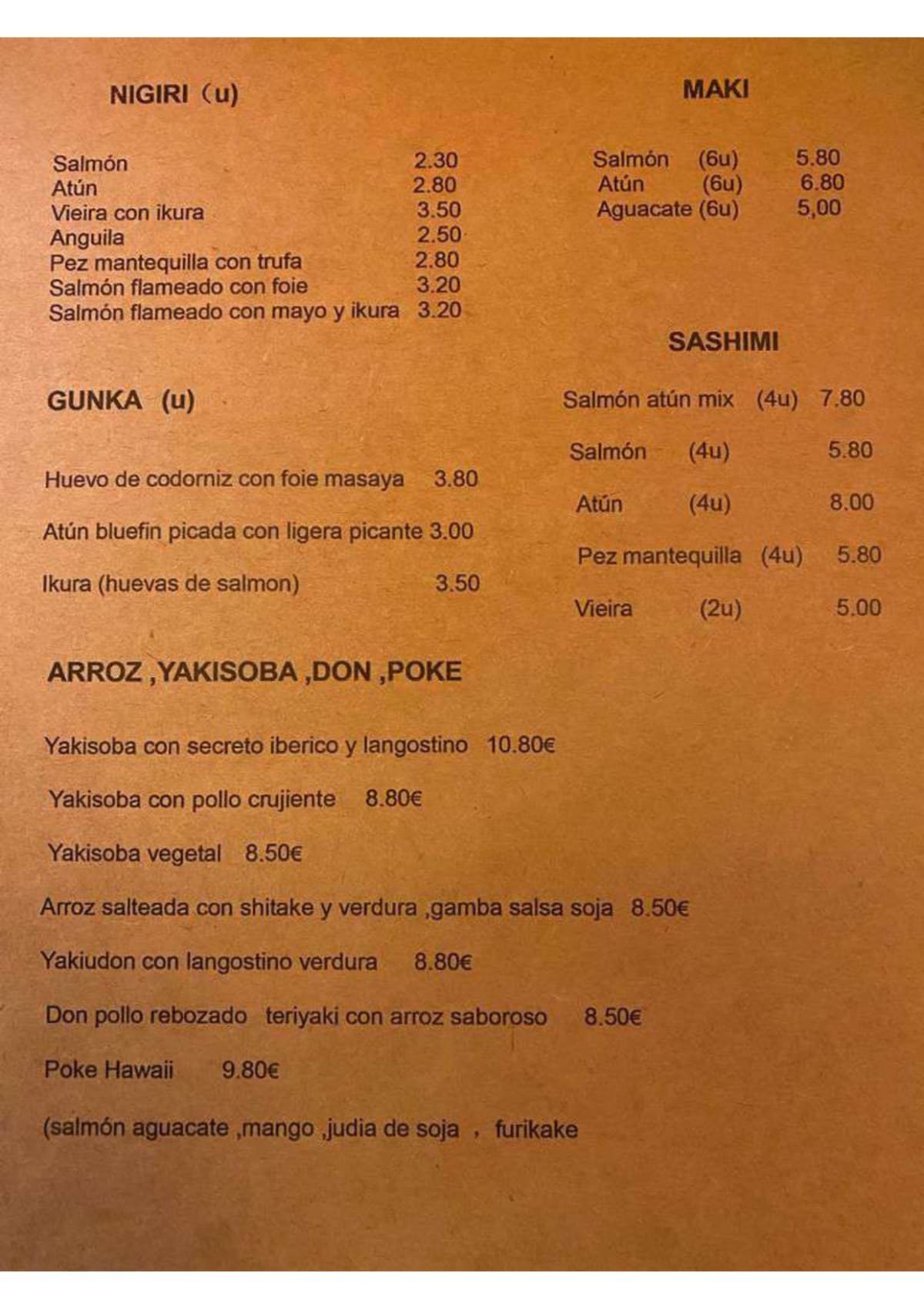 Masaya menu