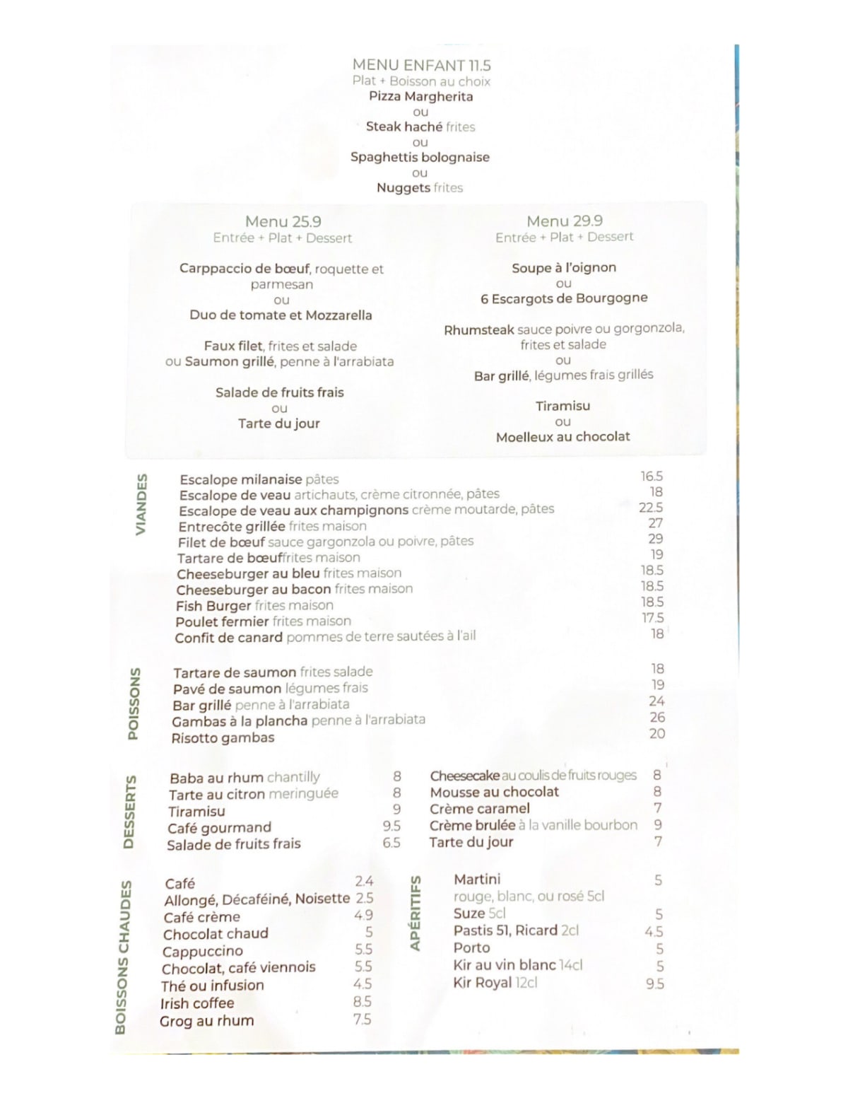 Le Régent menu