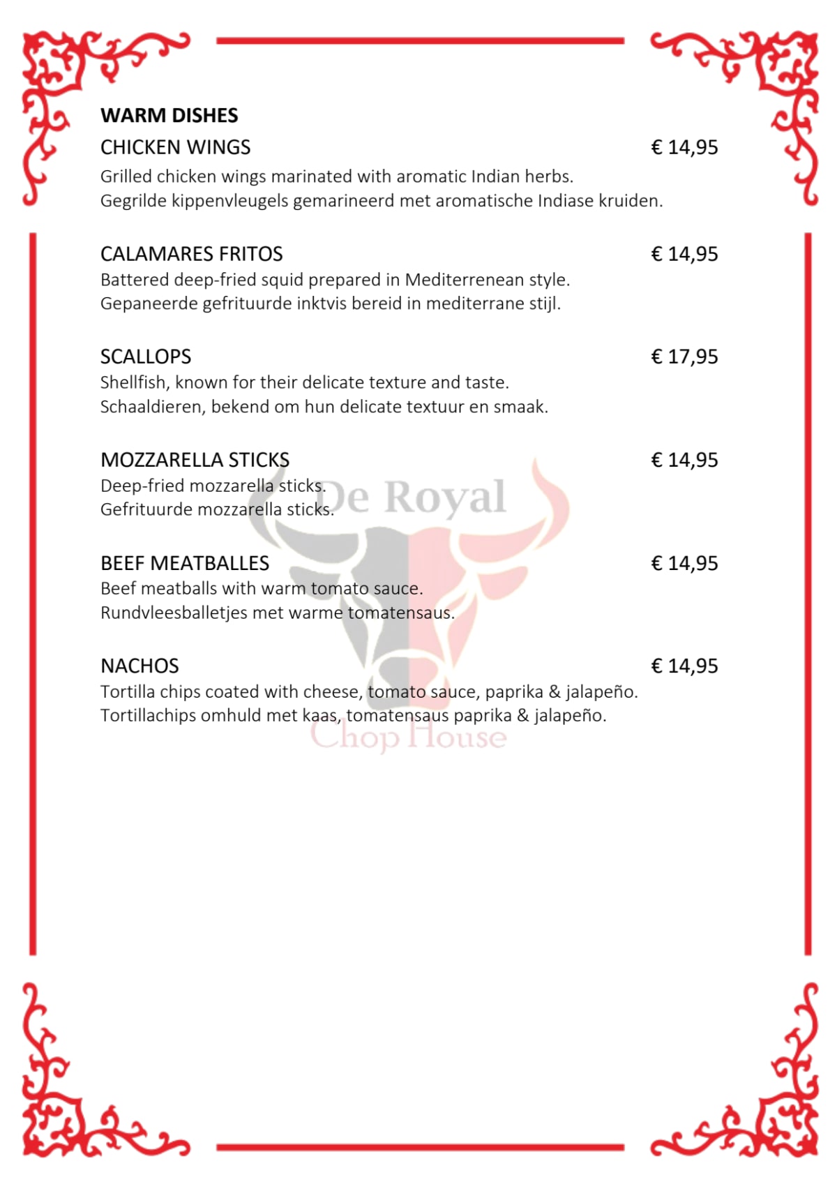 De Royal Chophouse menu