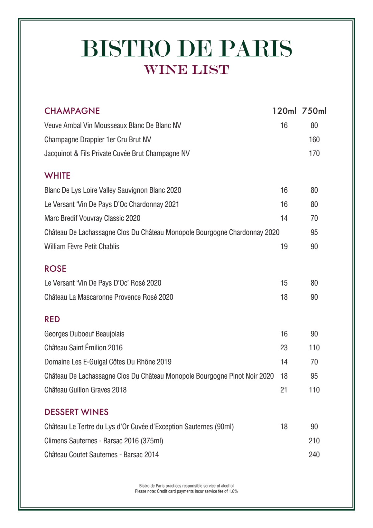 Carte et Menus 2023 Bistro de Paris à North Melbourne (VIC) TheFork
