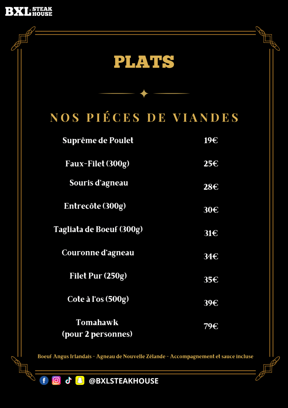 BXL STEAK HOUSE menu