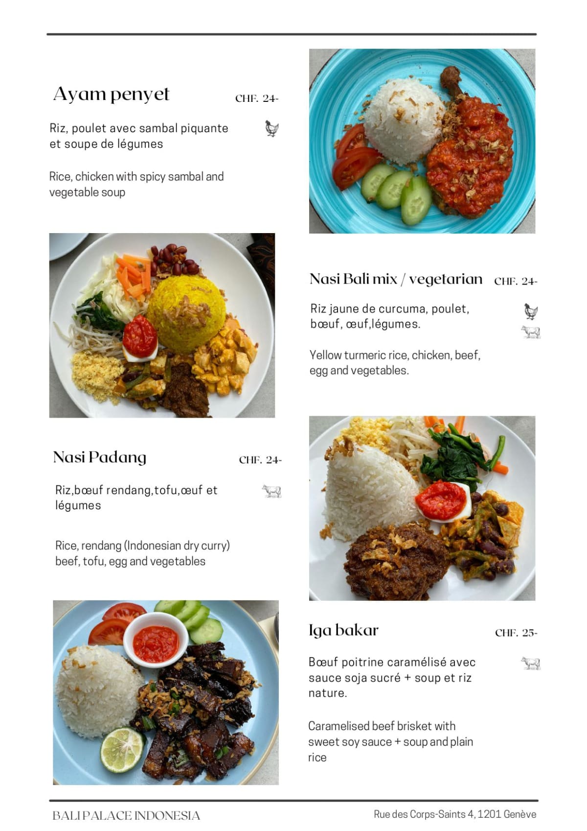 Bali Palace menu