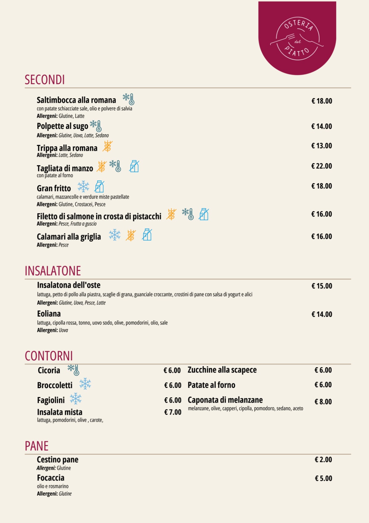 Osteria del Piatto menu