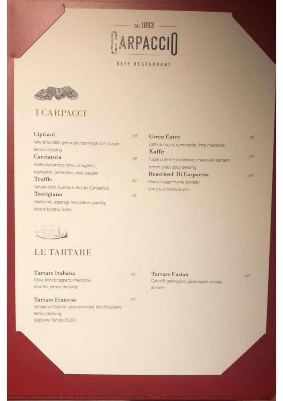 Carpaccio Beef Restaurant menu