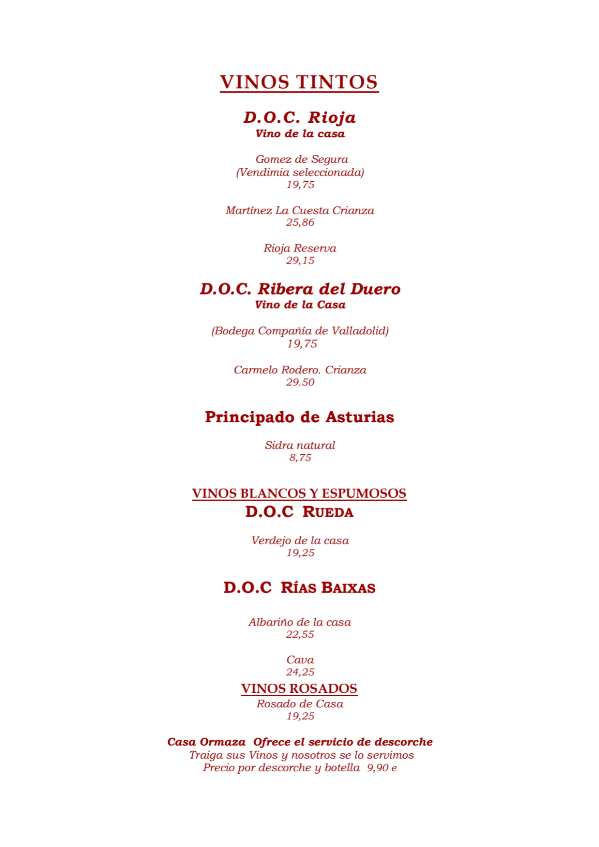 Casa Ormaza menu