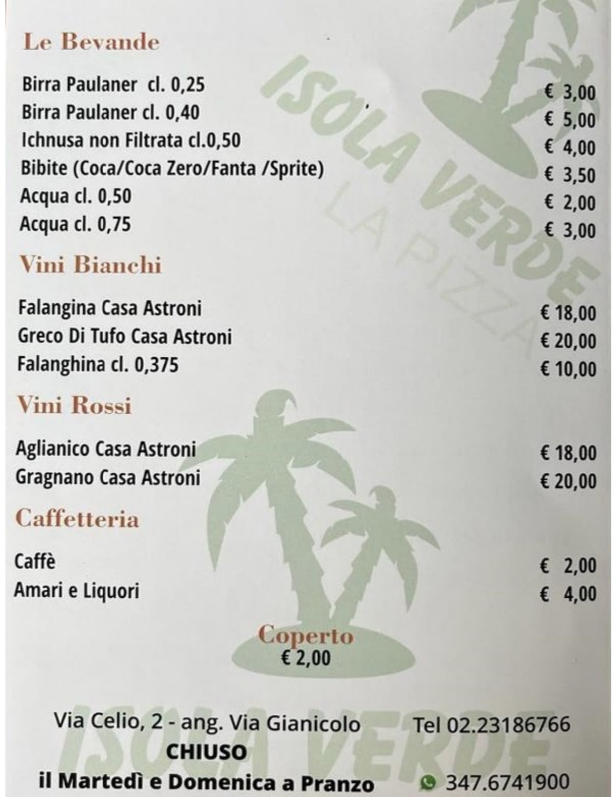 Isola Verde menu