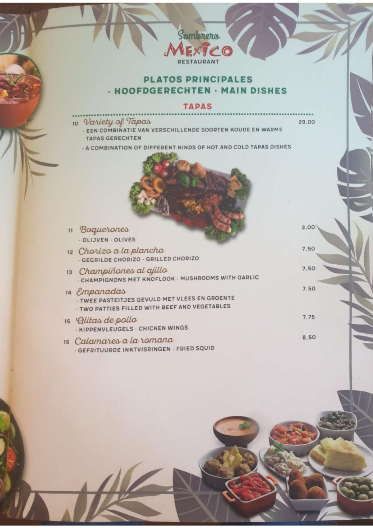 Sombrero Mexico menu