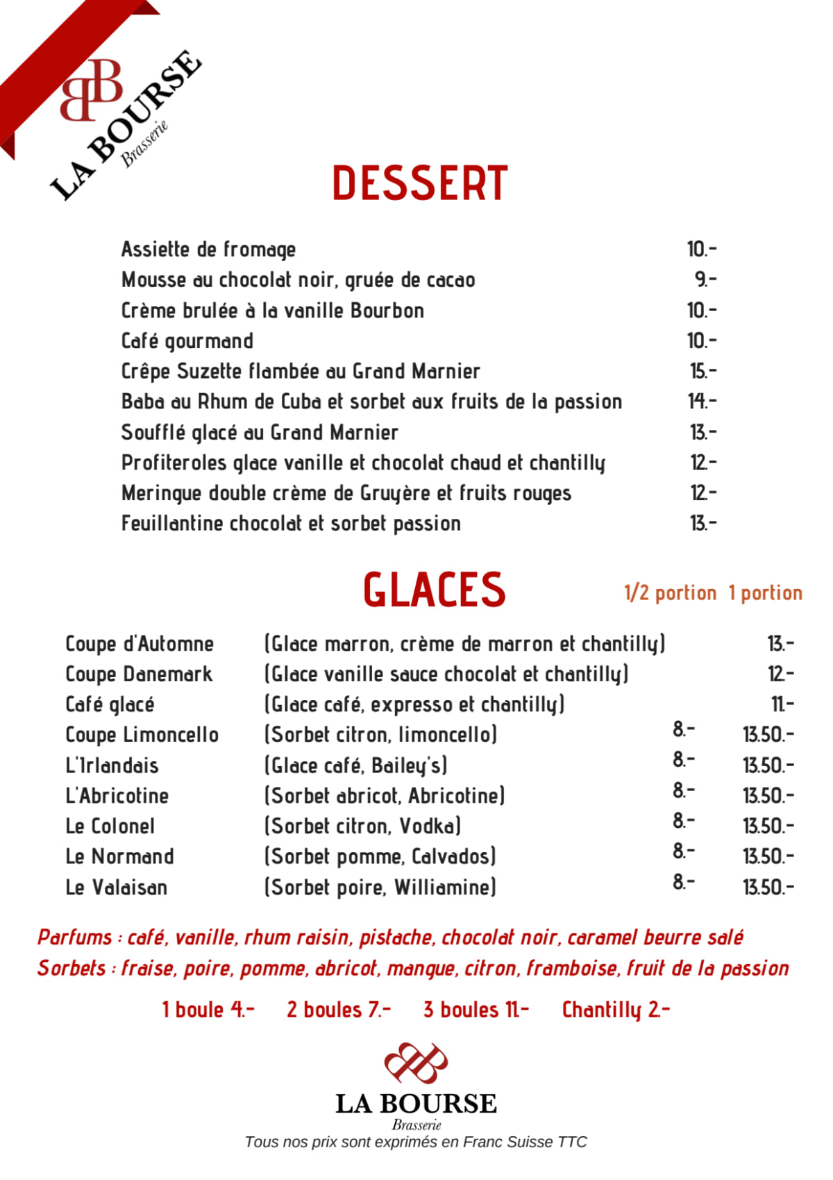 La Bourse menu