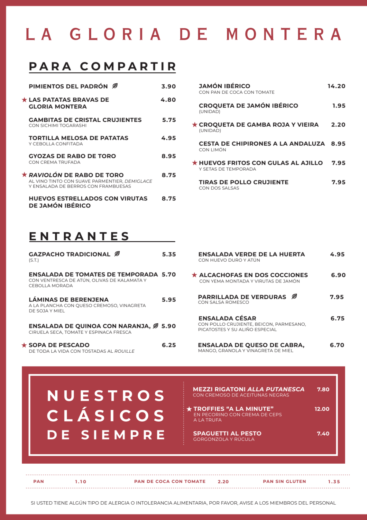 La Gloria de Montera menu