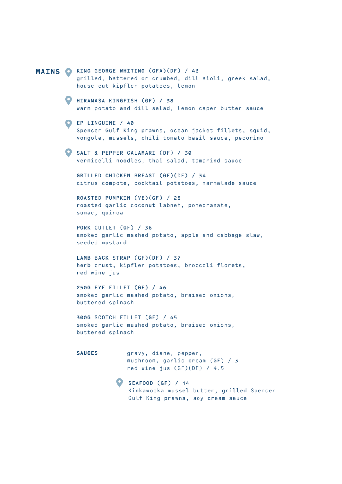 Speisekarte 2023 Sarins Restaurant Port Lincoln Hotel in Port