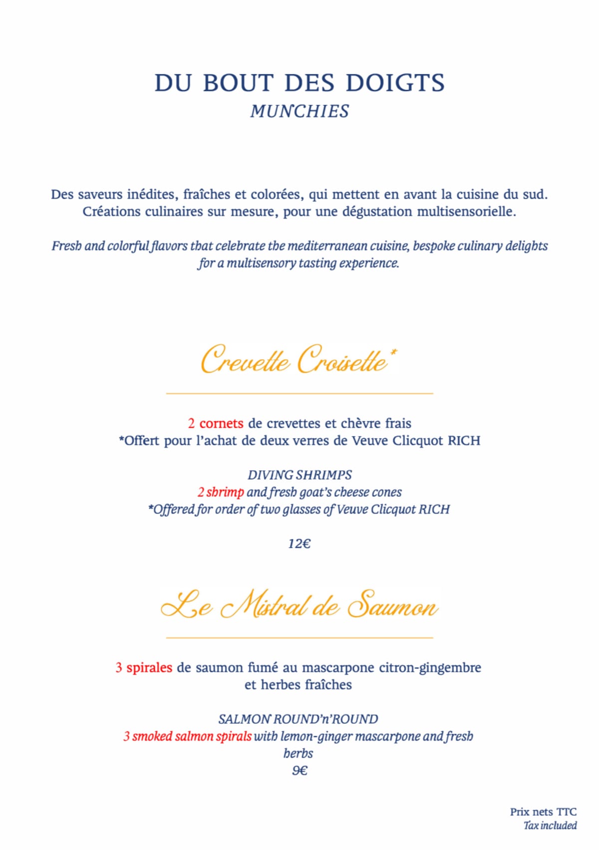 Veuve Clicquot Sun Club menu