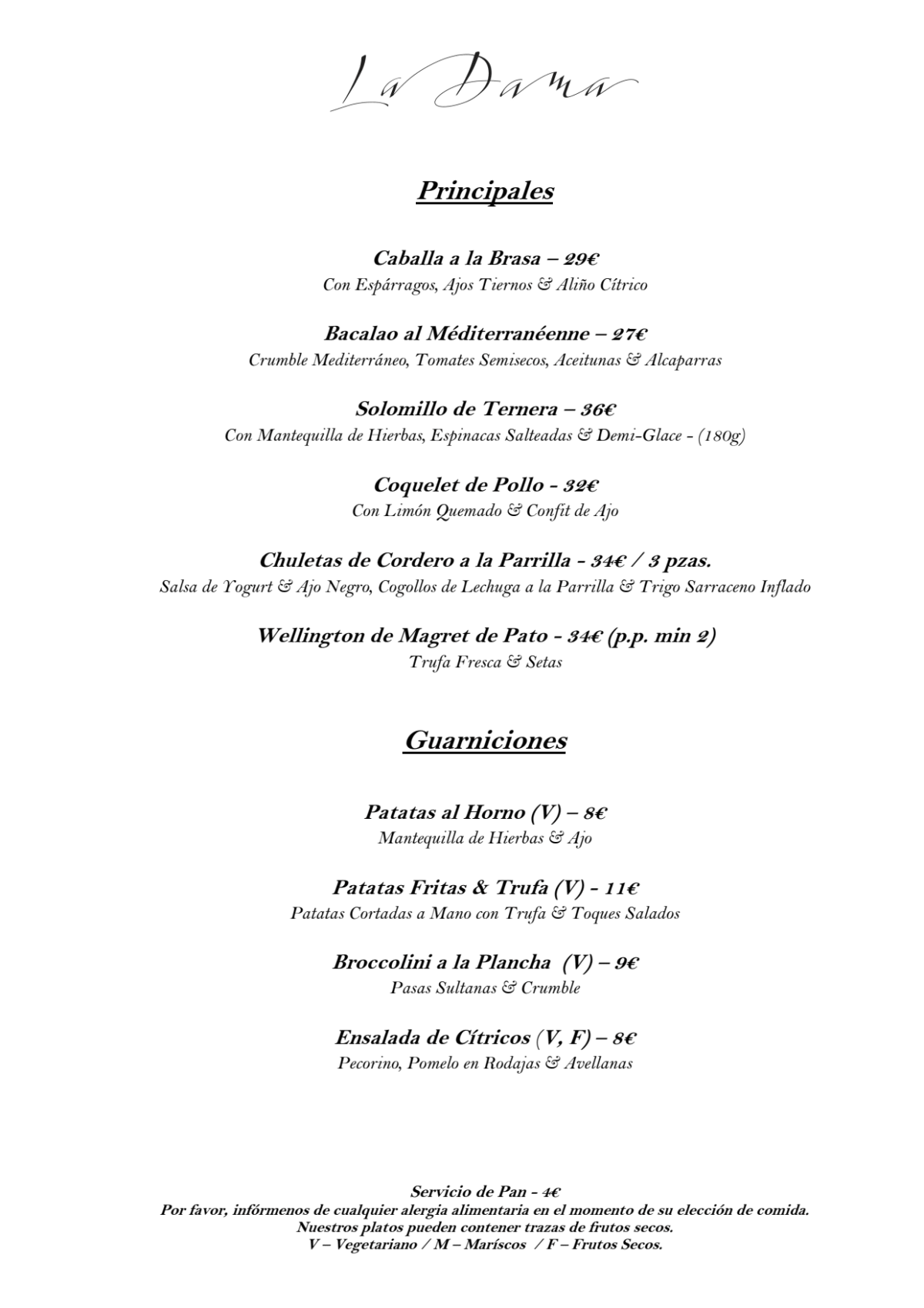 La Dama menu