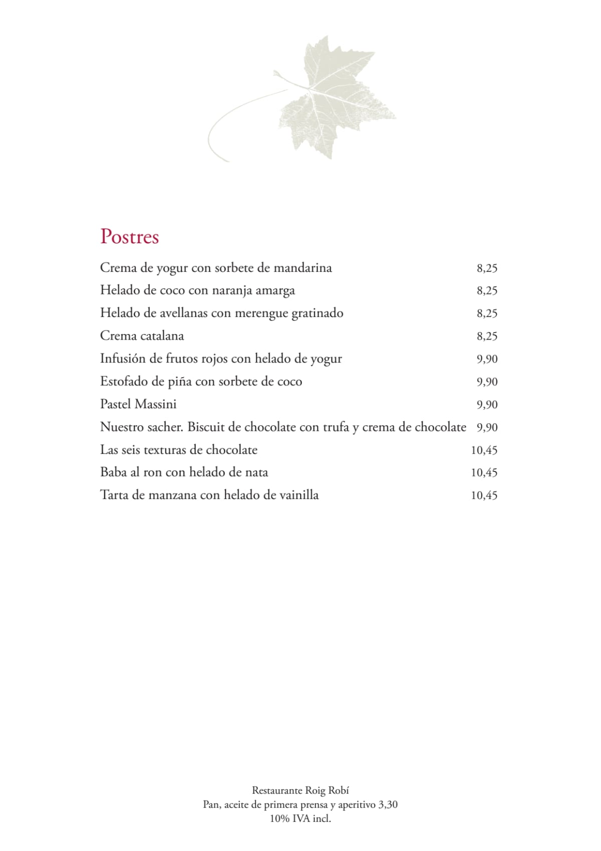 Roig Robí menu
