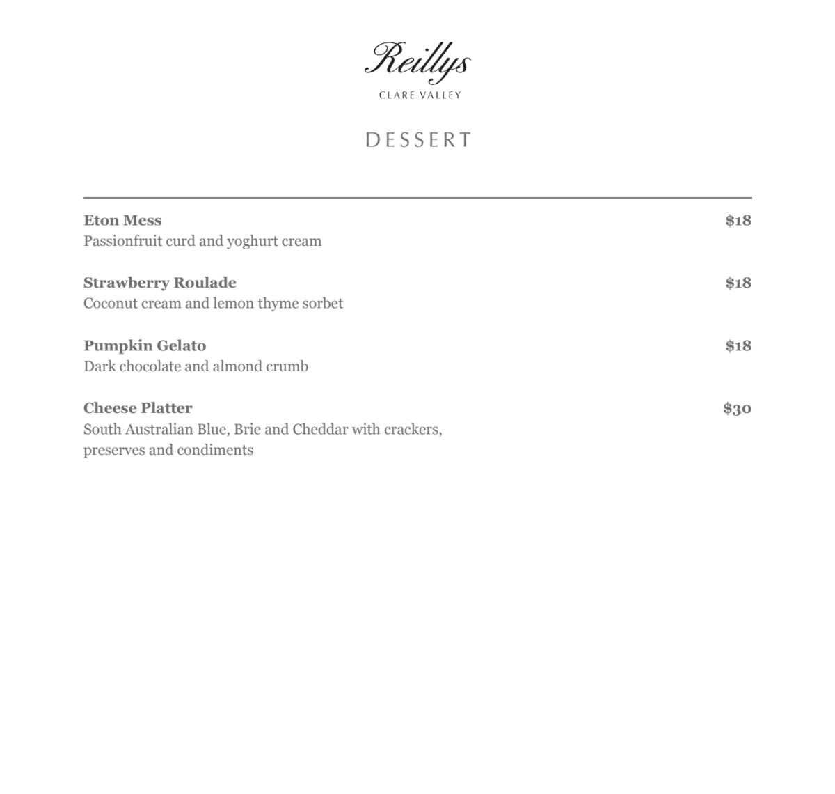 Menu 2024 Reillys Cellar Door & Restaurant in Mintaro TheFork