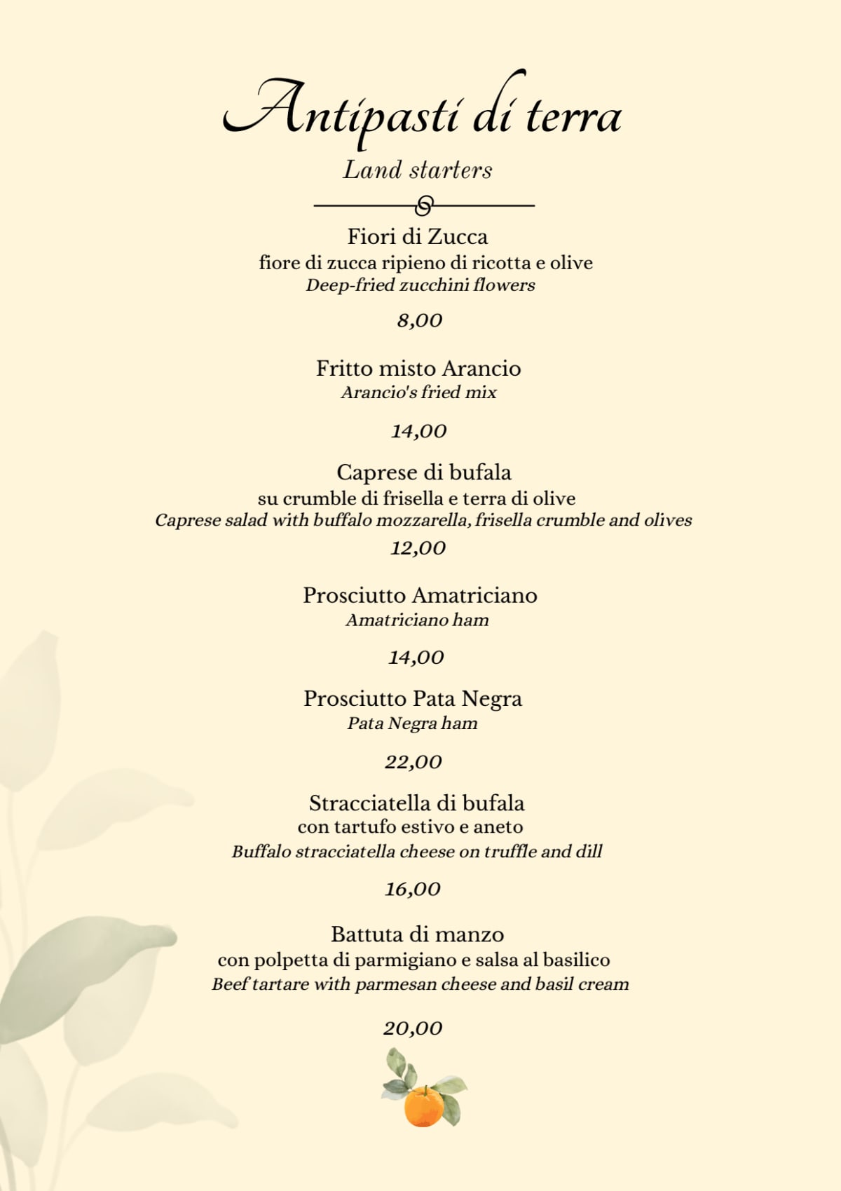 Settimio All'arancio menu