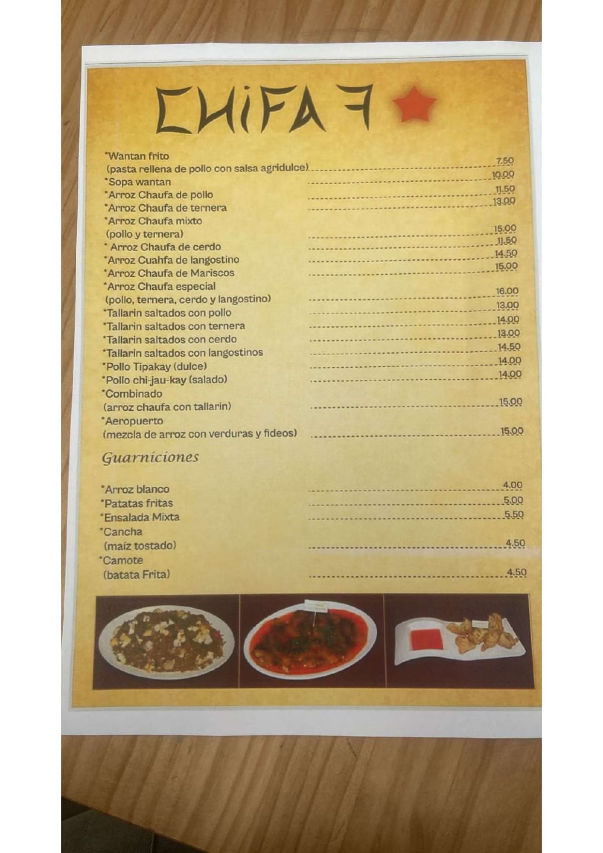 Peru Chef menu