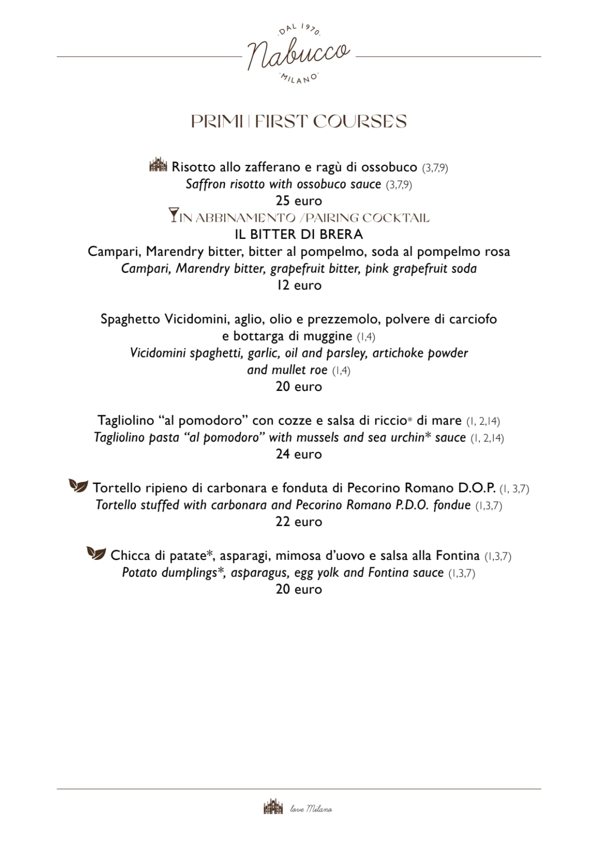 Ristorante Nabucco menu