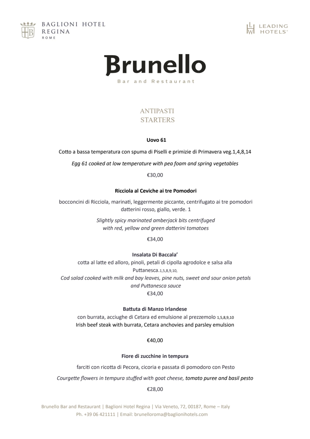 Brunello Bar & Restaurant menu