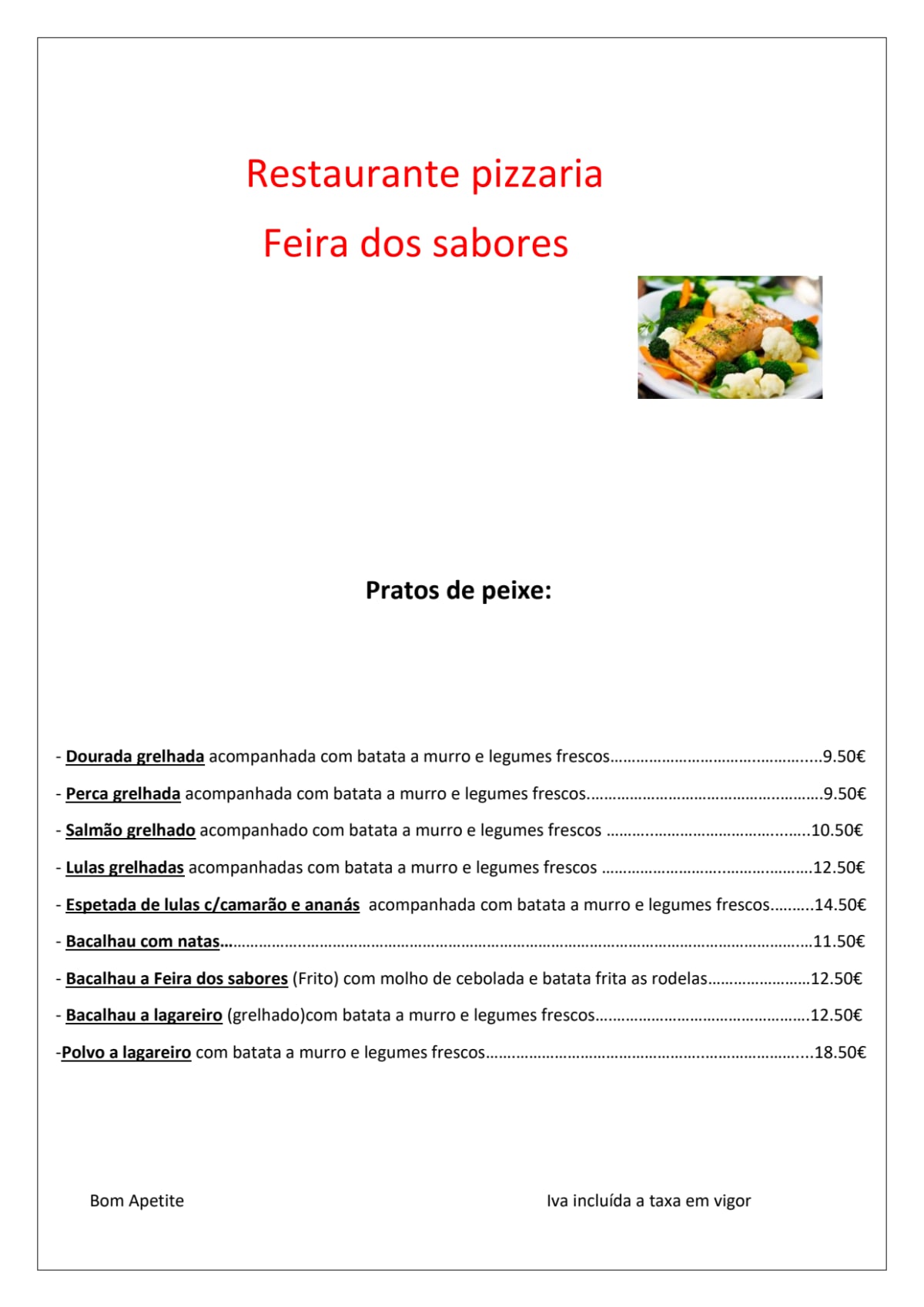 Menu 2024 Feira dos Sabores Restaurante e Pizzaria in Castro Daire