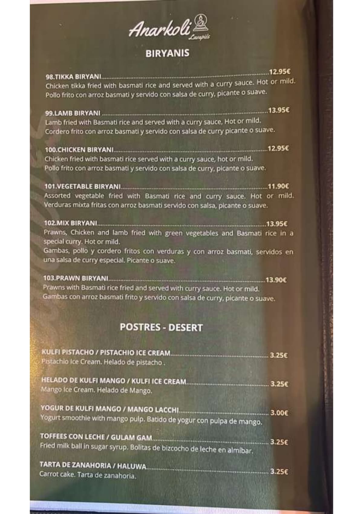 Anarkoli menu