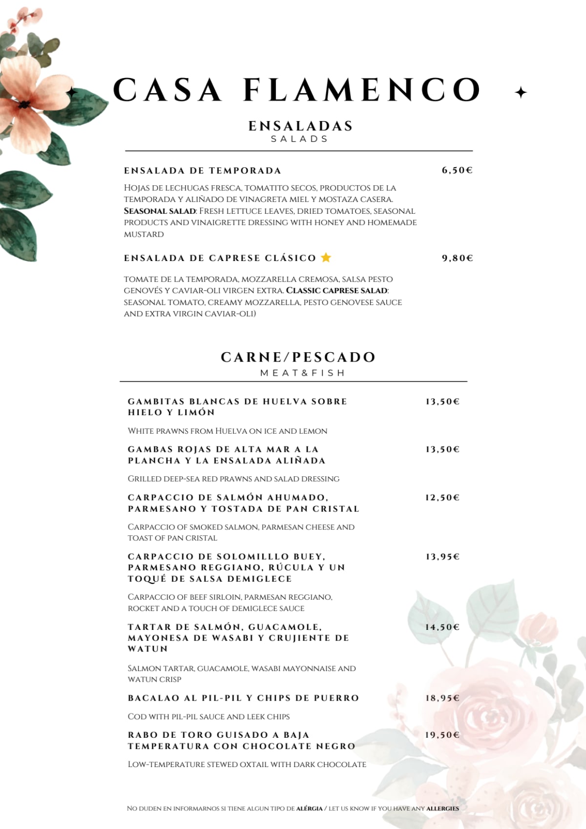 Casa Flamenco menu