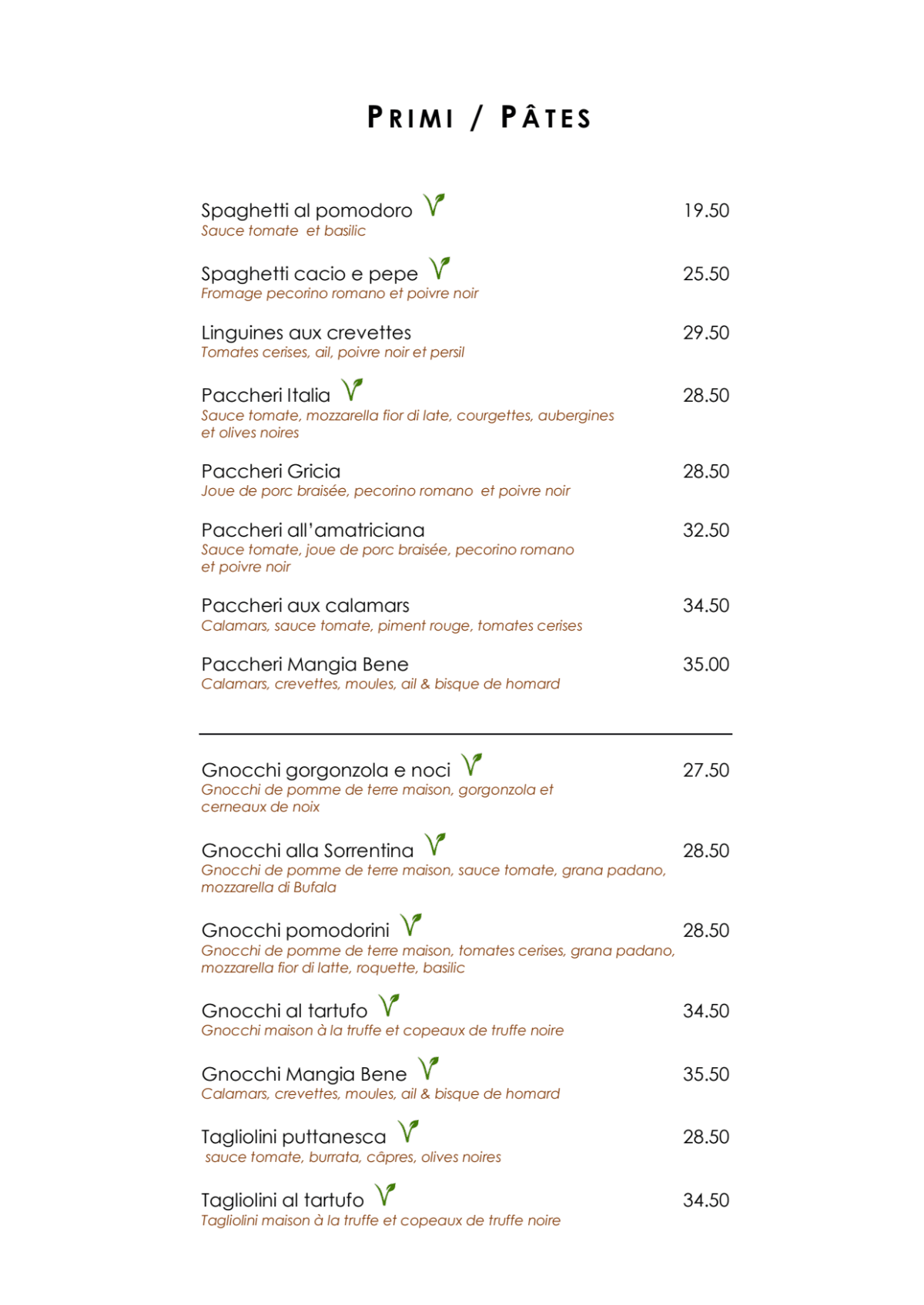 Mangia Bene menu