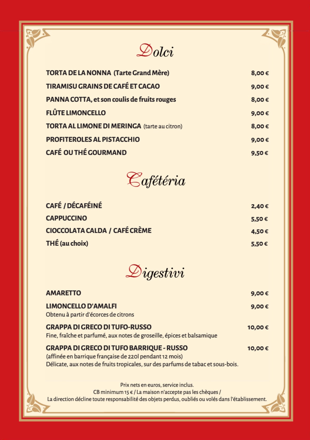 Pizzico menu