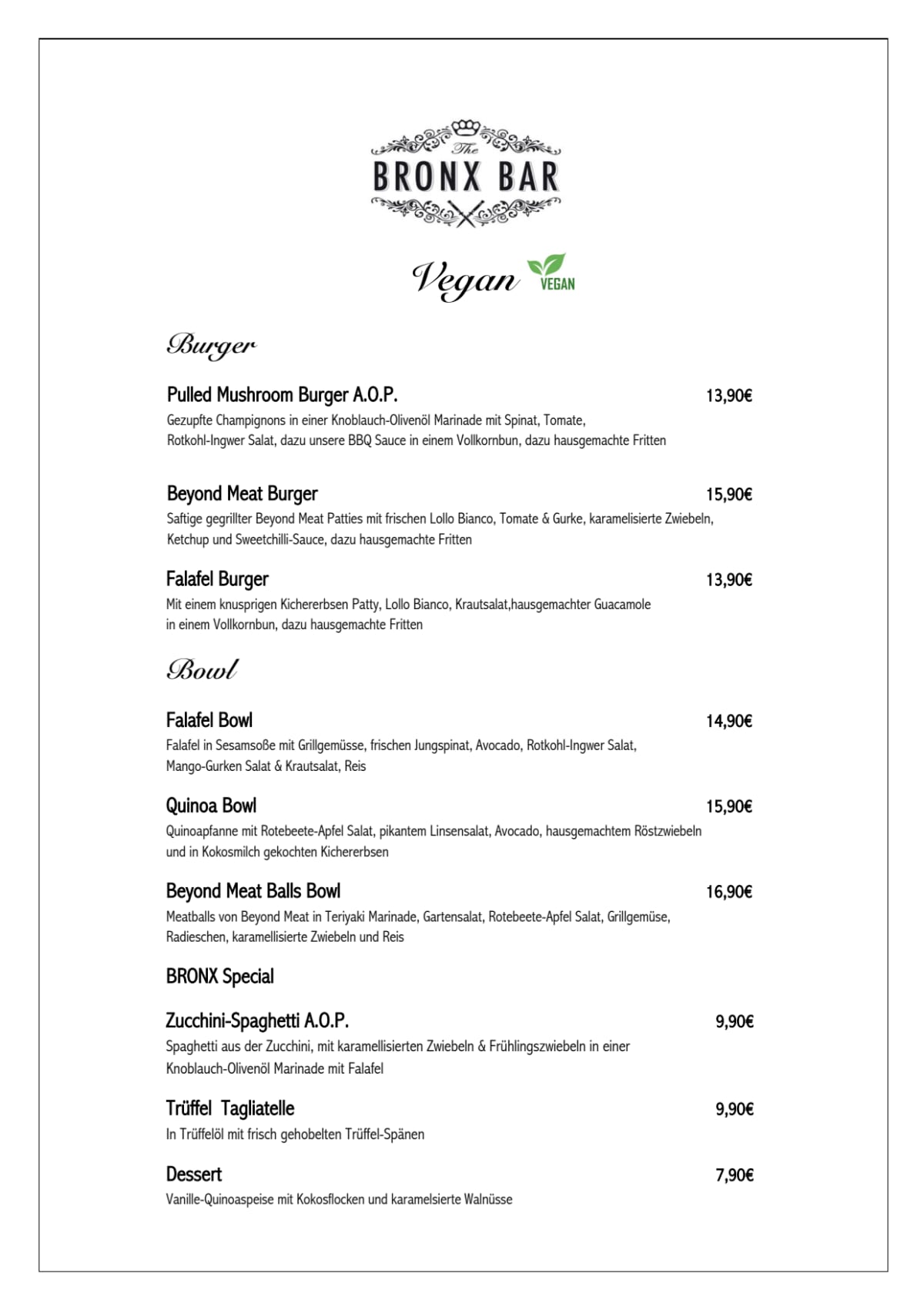 Menu 2024 The Bronx Bar in Düsseldorf TheFork